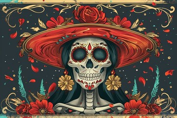 Vibrant illustration of a Catrina with a colorful sombrero, adorned with flowers, celebrating Dia de los Muertos.