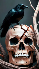  A black crow on top of a human skull