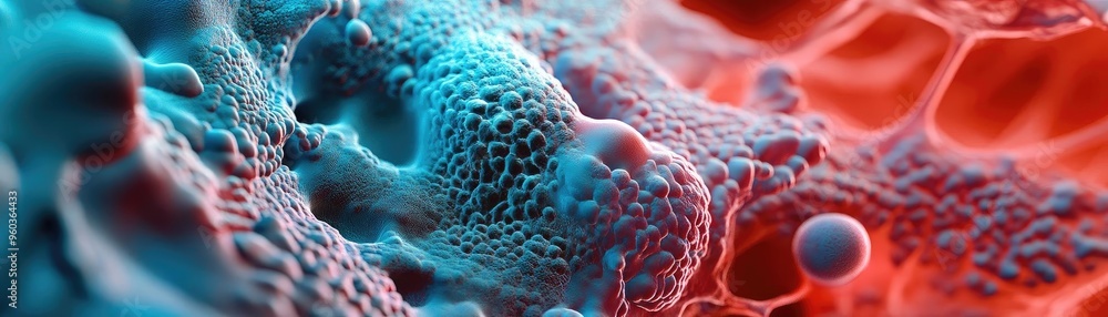 Poster Close-up abstract view of colorful cell structures, showcasing intricate details and textures in vibrant blue and red hues.