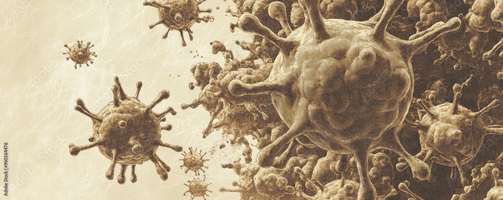 Poster Intricate depiction of virus particles against a textured background, showcasing biological detail and complexity.