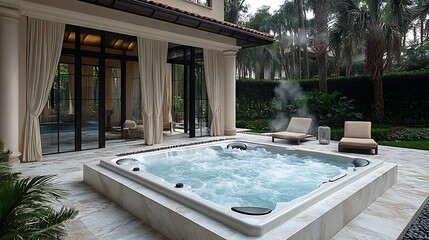 A luxurious hot tub in a resort backyard, with polished marble floors, plush chairs, and a poolside cabana draped with flowing curtains, steam rising softly, soft lighting casting a warm glow,