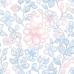 floral and leaf seamless patterns in doodle-style tile designs with graphic format.