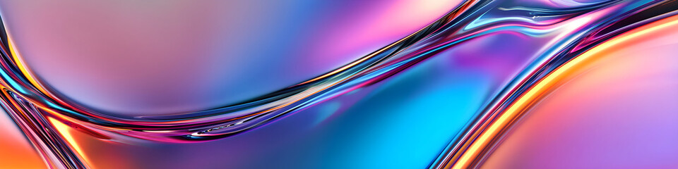 Abstract banner with holographic curved waves of molten glass in Y2K style. 3d render of transparent plastic. Fluid background with an iridescent smooth surface. Trendy design of futuristic texture.