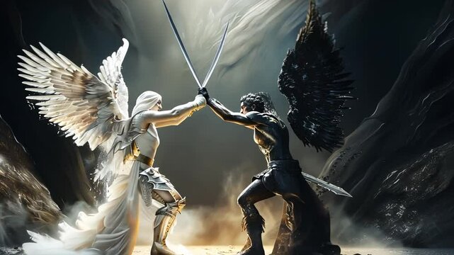 Epic Battle Between a White Angel and Dark Angel, Symbolizing Good vs Evil