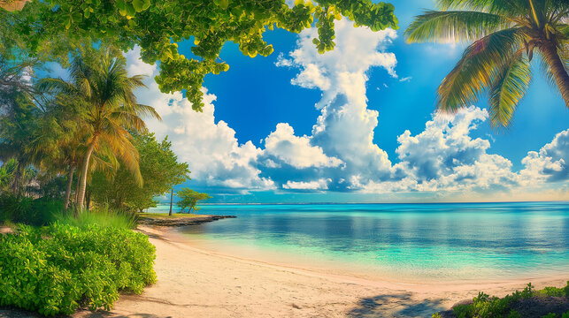 Seven Mile Beach, the most beautiful view, beautiful sandy beach, clear water, beautiful clouds, good weather.