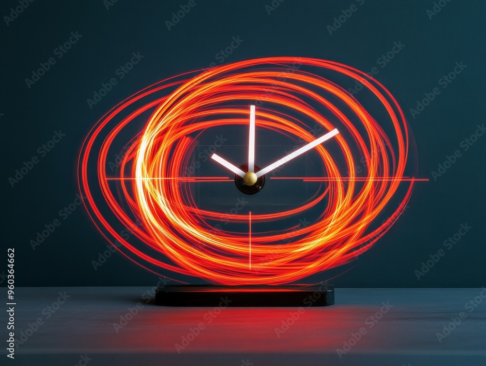 Poster a clock with glowing red light trails creates a mesmerizing abstract design. time is represented by 