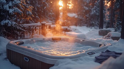 A luxurious hot tub in a snow-filled backyard, surrounded by pine trees covered in frost, steam rising into the cold winter night, cozy blankets nearby,