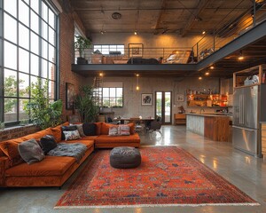 Contemporary Industrial Loft Living Room with Exposed Ductwork and Concrete Floor