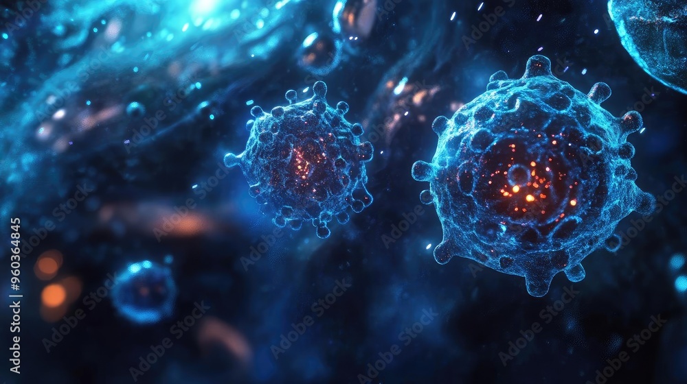 Poster an abstract representation of viruses in a vibrant and colorful cosmic environment, showcasing intri