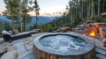 Fototapeta premium A luxurious hot tub nestled in a mountain landscape, natural stone surroundings, a fire pit glowing with warmth, overlooking a panoramic view of the rugged mountain range,