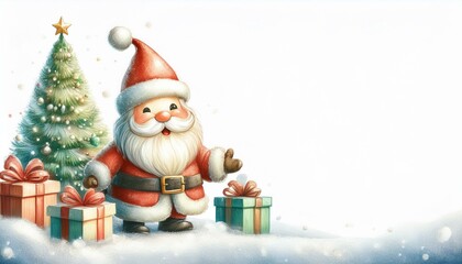 Santa Claus with bag and gifts on white background. Christmas background with place for text. Drawing, watercolor, illustration