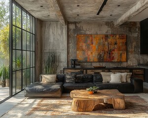Stylish Industrial Living Room with Black Leather Sofa, Steel Beams, and Concrete Walls