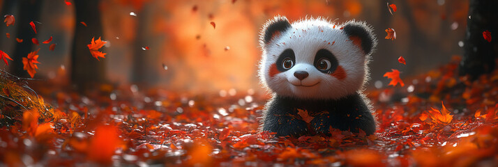 Adorable animated panda cub in autumn forest, vibrant red leaves, cute style, golden background, cheerful and whimsical mood