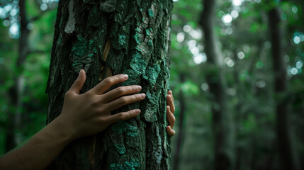 A person is hugging a tree with moss on it. Concept of connection and appreciation for nature