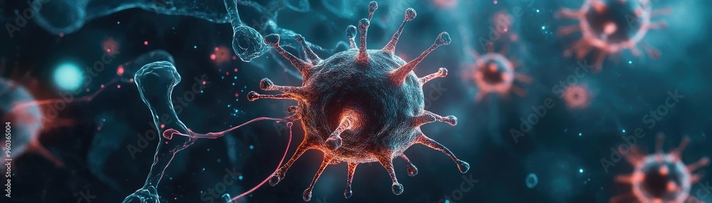 Poster a detailed and vibrant representation of a virus in a microscopic environment, showcasing intricate 