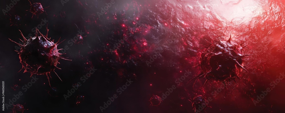 Poster Abstract representation of a viral environment with dark, red colors and intricate textures, evoking a sense of urgency and danger.