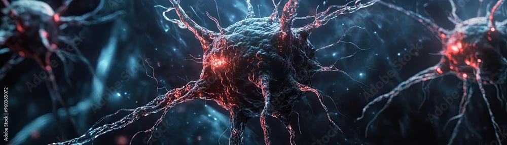 Poster intricate digital artwork depicting neurons with glowing connections in a darkened environment, show