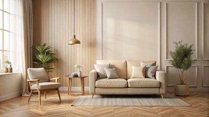 Fototapeta premium Cozy beige room interior with chair and sofa, room, chair, sofa, interior, beige, cozy, modern, comfortable, living space