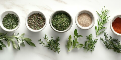 Assortment of fresh herbs and spices in bowls.