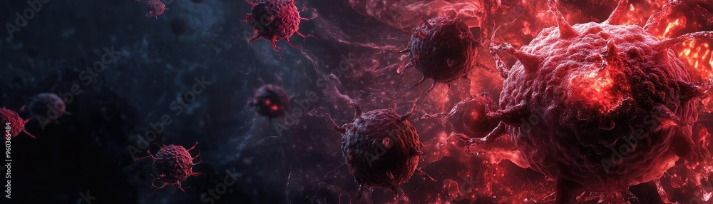 Poster a captivating close-up of colorful virus particles against a dark backdrop, showcasing intricate det