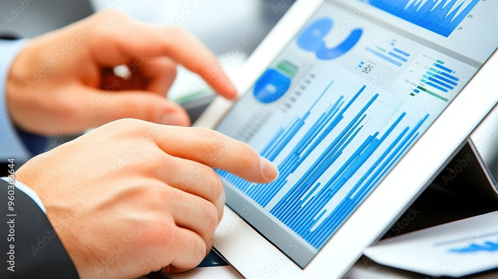Poster analyzing data trends using a tablet in a modern office setting during the afternoon