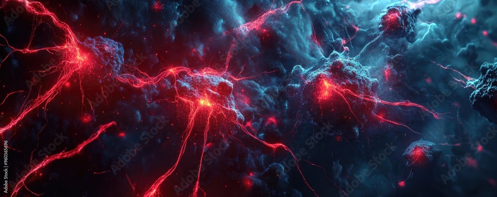 Poster Abstract representation of energy flows and neural networks with vibrant red and blue elements against a dark background.