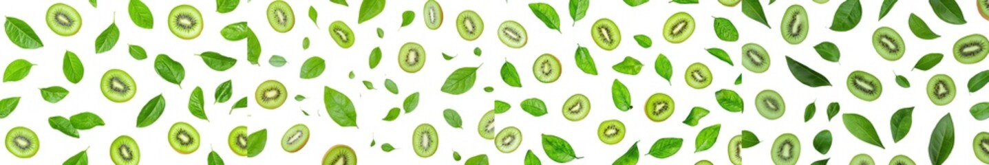 Fototapeta premium An organic fresh kiwi with half slices falling in the air on top of a green background. Juicy, high-nutrition, organic fruit with high levels of vitamins and minerals.