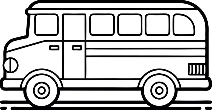 Black And White Outline Drawing Of A Retro Bus For Coloring And Design Projects