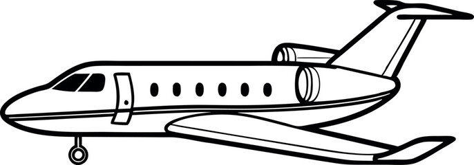 Black and White Outline Illustration of a Jet Airplane for Aviation and Travel Concepts
