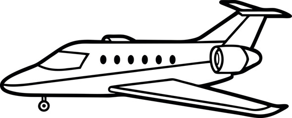 Black and White Illustration of a Private Jet Airplane in Profile View for Aviation and Travel Themes