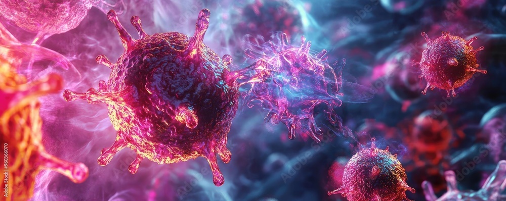 Poster Colorful microscopic view of viruses in vivid detail, showcasing the intricate design and structure of pathogens.