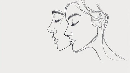 A minimalist sketch of two faces close together, their lines blending into each other, expressing unity and connection, Simple and Elegant, Line Art