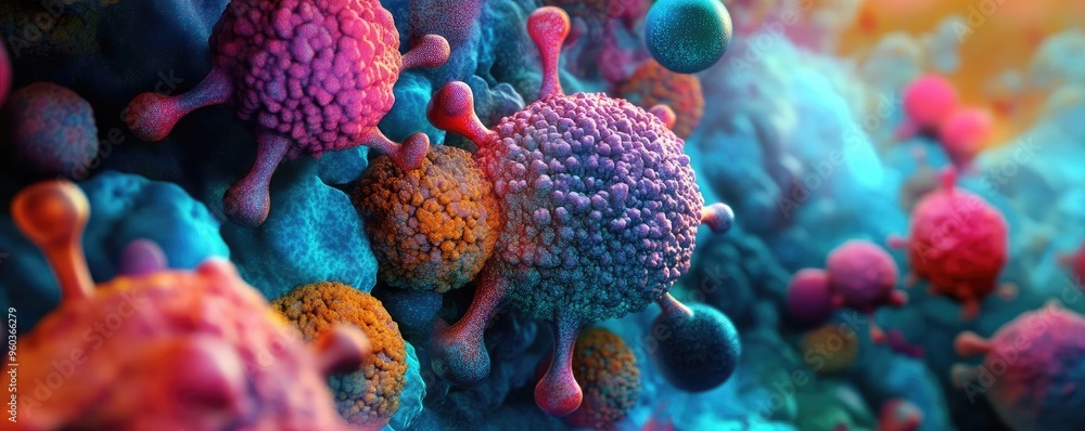 Poster Detailed close-up of colorful microbes, showcasing intricate structures and textures. Ideal for scientific and educational use.