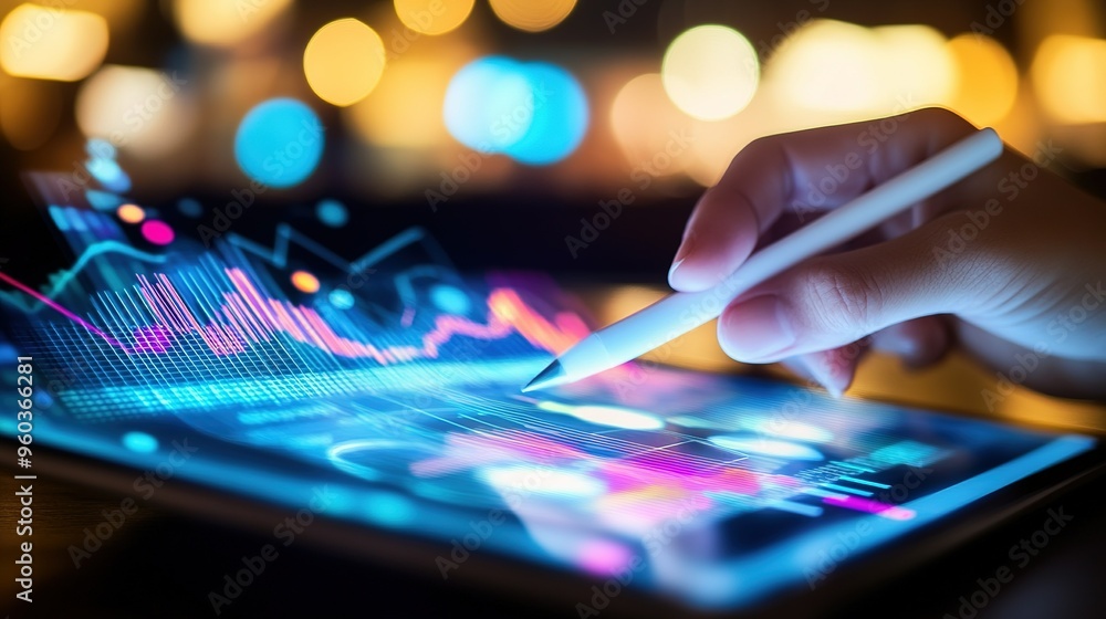 Poster a person analyzes digital data trends using a tablet in a modern workspace with blurred lights in th