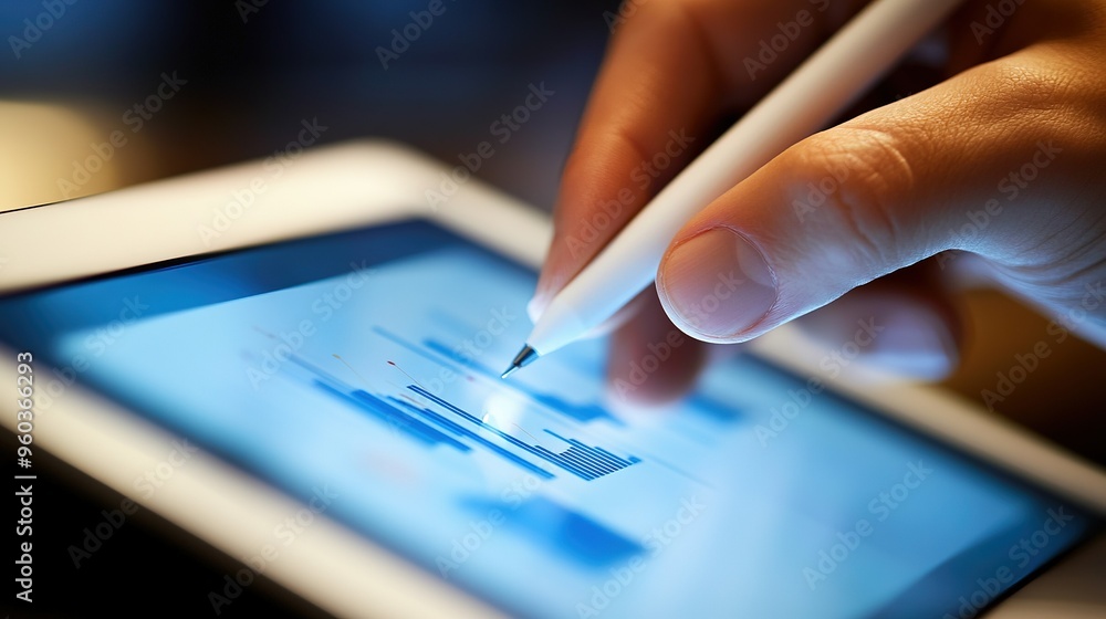 Poster a person uses a stylus on a tablet to navigate and analyze data during a late-night work session in 