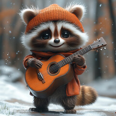Charming raccoon wearing orange outfit playing a guitar in a snowy, serene forest with soft glowing lights and calm atmosphere