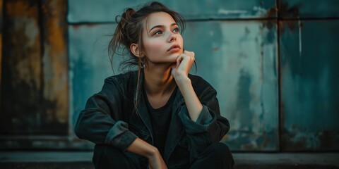 Fototapeta premium A pensive young woman in casual attire sits by an old building, deep in thought and reflecting a vintage vibe.