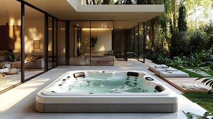 A minimalist hot tub in a modern backyard, rectangular and sleek, with concrete flooring, clean geometric lines, and soft ambient lighting, creating a peaceful,