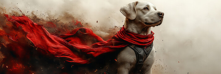 Heroic Dog with Red Scarf in Fiery Battlefield Background, Vibrant Colors, and Bold Mood