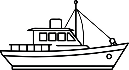 Minimalistic Line Drawing of a Fishing Boat on White Background for Nautical and Marine Themes