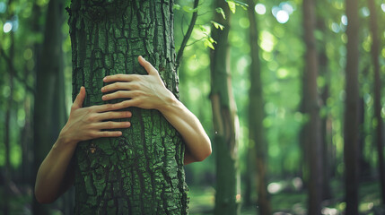 A person is hugging a tree with moss on it. Concept of connection and appreciation for nature