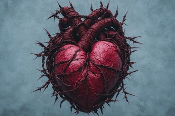 An abstract representation of hate as tangled, thorny vines wrapping around a human heart, with sharp thorns piercing through, conveying pain and resentment, Surreal, Digital Art