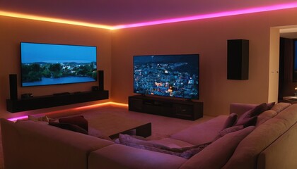 Fototapeta premium Stylish Media Room Comfortable Seating Large Screen Ambient Lighting design 125