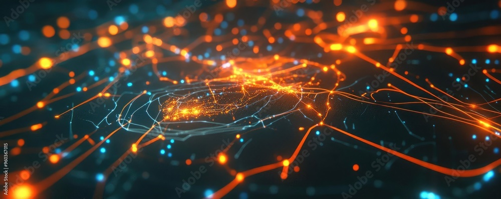 Poster abstract digital art featuring glowing connections and vibrant colors, representing technology and n