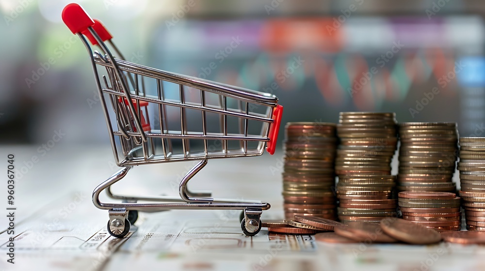 Poster shopping cart with stacks of coins and a blurred stock chart in the background