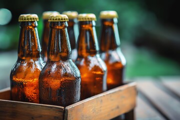 A wooden crate containing six amber beer bottles with condensation, placed on a wooden table outdoors.