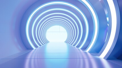 Obraz premium Futuristic architectural space with a series of glowing blue circular lights forming a tunnel-like structure