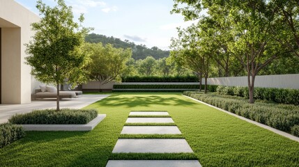 A modern backyard with a lush green lawn, stone pathway, and trees.  The design features clean lines and a minimalist aesthetic.