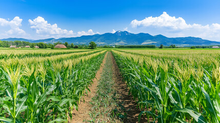 Fototapeta premium Lush Corn Field Path Leading to Mountain Range Under Blue Sky with Fluffy Clouds