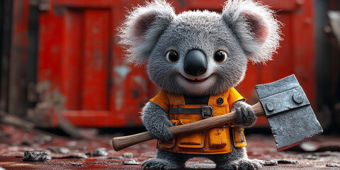 Diligent Koala with Axe, Cartoon Style, Muted Colors, Industrial Background, Hardworking Mood